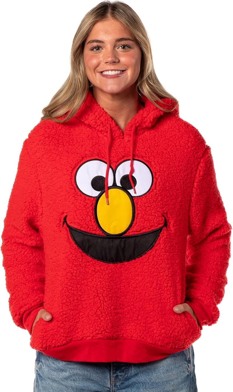 Bio World Sesame Street Women's Elmo Embroidered Patch Big Face Plush Fleece Long Sleeve Adult Costume Pullover Hoodie - Image 1